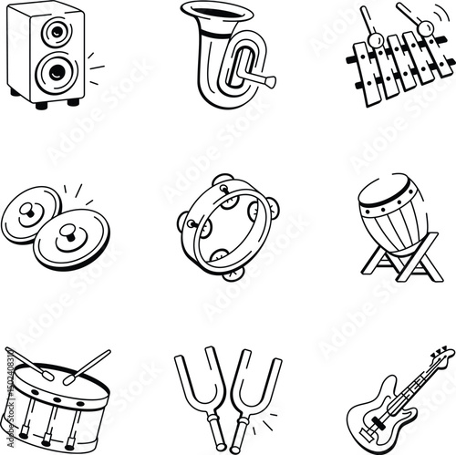 Set of Musical Percussion Hand Drawn Icons 
