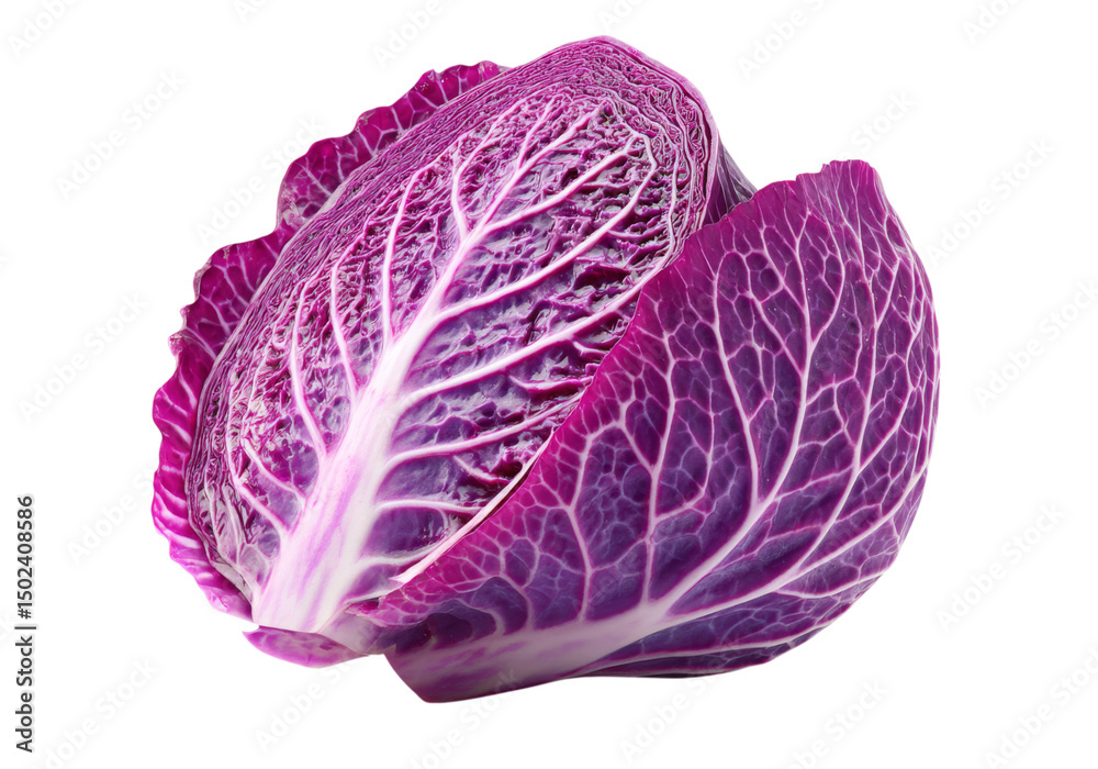 Obraz premium Half-Cut Red Cabbage with Intense Violet Veins and Crisp Texture on White Background, On Transparent Background, Png