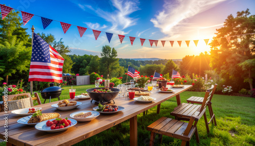 A festive Independence Day barbecue setup in backyard with American decorations and a variety of food. 4th of July, american independence day, happy independence day of america , memorial day concept