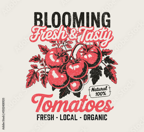 Red tomato vintage t-shirt design. Organic vegetable farm. Tomato vegetable artwork for t shirt print, poster, sticker and other uses. Fresh vegan food, summer tomato slogan vector tee print 
