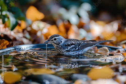 Mistle thrush drinking water in a forest setting with autumn leaves scattered around, Mistle Thrush Turdus viscivorus in the wild Mistle Thrush drinking Sounds of nature Close up photo