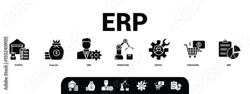 ERP banner web icon set vector illustration concept for enterprise resource planning with icon of inventory, financials, hrm, production, service, purchasing, and mrp