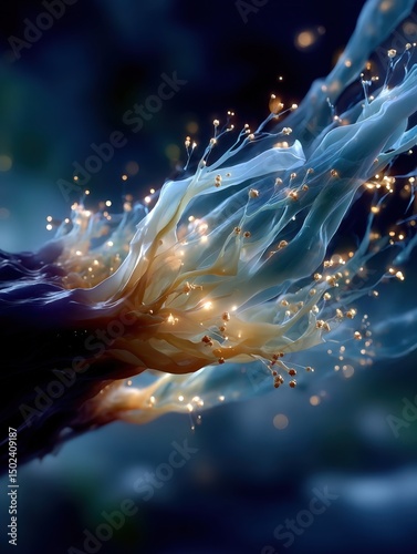 Organic root-like network transitioning into fiber-optic strands glowing in blue light. Generative AI
