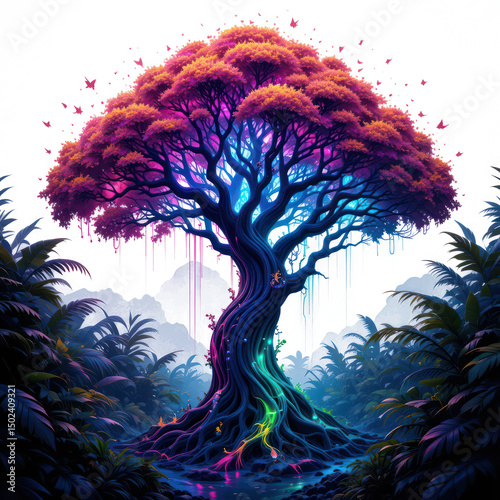 a bioluminescent amazon tree concept clipart, fantasy jungle flora, neon glow style, surreal colors, png transparent