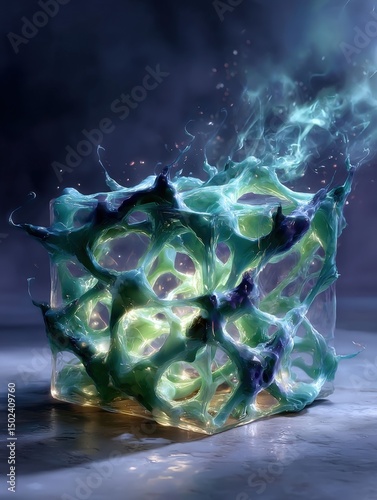 Illuminated artificial organoid lattice with neon green and blue highlights. Generative AI