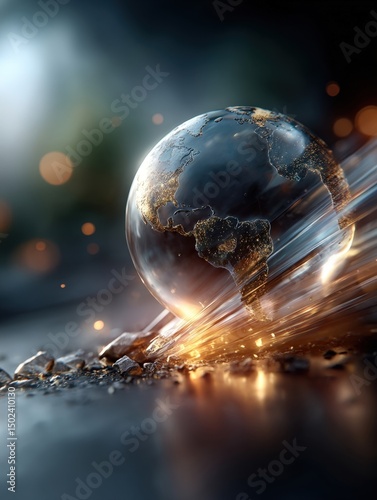 Globe in motion with shattered glass effect and glowing elements. Generative AI