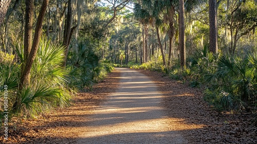 A peaceful morning walk through the sun dappled forest path breathing in the crisp air and nature s photo