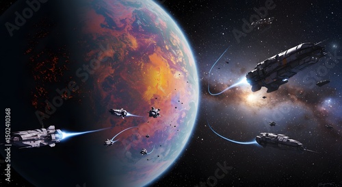 Spaceship Battle Near Planet in Deep Space