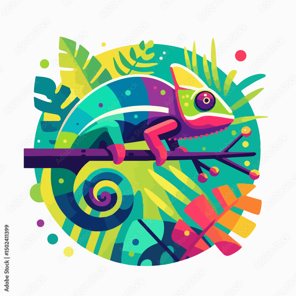 Fototapeta premium Vector illustration of a colorful chameleon on a branch, flat design, clean lines, minimal shadows, tropical background