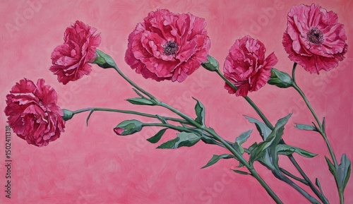 Pink carnations in a soft, vibrant pink background. Detailed blossoms and stems in a delicate arrangement