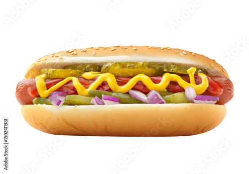Hot Dog with Mustard, Ketchup, Onions, and Pickles on a Soft Bun, On Transparent Background, Png