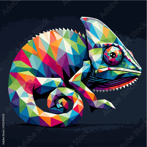 "Geometric vector chameleon made of polygonal shapes, abstract style, modern and colorful with a low-poly look"

