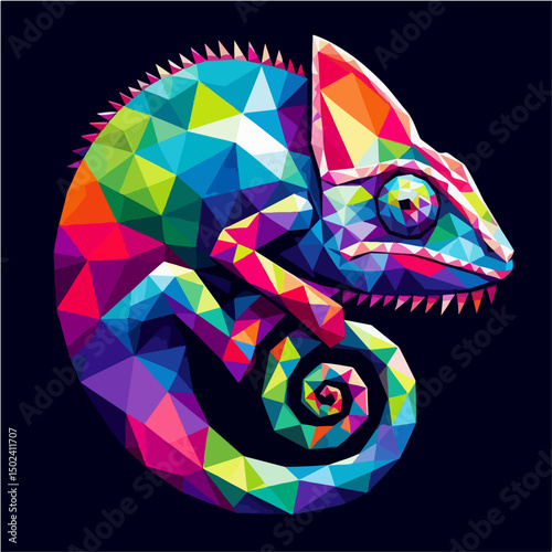 "Geometric vector chameleon made of polygonal shapes, abstract style, modern and colorful with a low-poly look"

