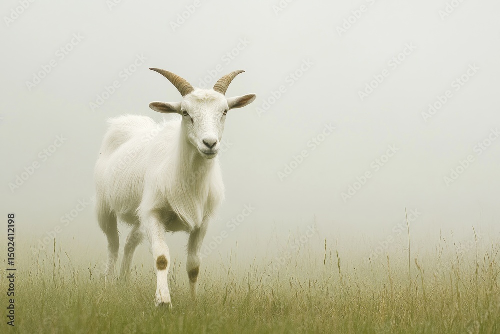 White goat in misty field White goat in misty field