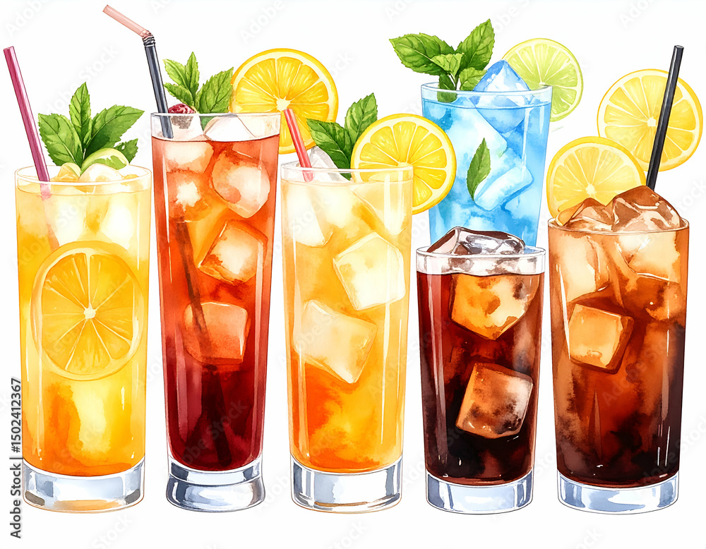 A vibrant collection of six iced drinks in tall glasses, garnished with lemon, lime, and mint. Each beverage showcases unique colors and ice cubes A vibrant collection of six iced drinks in tall glasses, garnished with lemon, lime, and mint. Each beverage showcases unique colors and ice cubes
