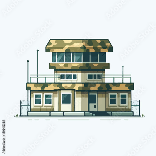 "Vector illustration of a military barrack building with camouflage roof, flat design style, isolated on white background, minimal shadows"

