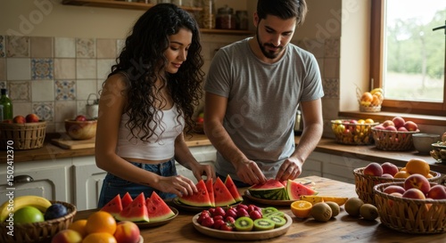 Couple Cutting Watermelon and Fruit in Kitchen