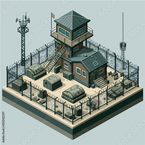 "Vector army base with soldier barracks, watchtower, and barbed wire fence, isometric view, flat colors, tactical military style"

