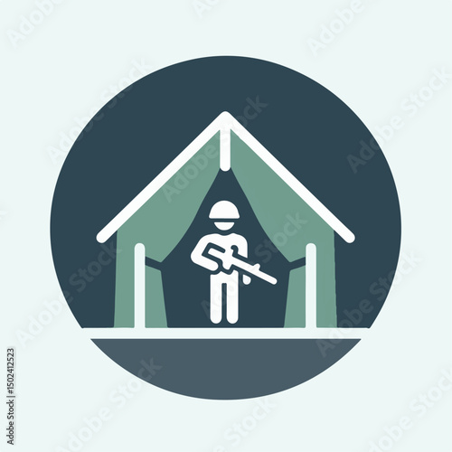 "Simple vector icon of a soldier barrack with green tent structure, military camp style, minimal flat icon design for mobile games"

