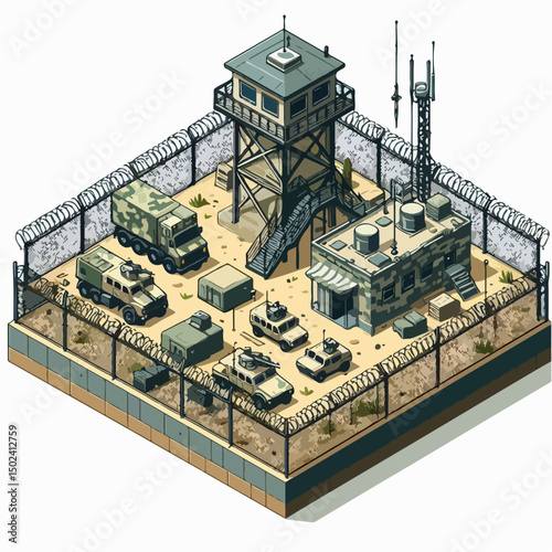 "Vector army base with soldier barracks, watchtower, and barbed wire fence, isometric view, flat colors, tactical military style"

