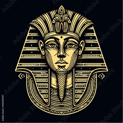 "Vector line art of Pharaoh Tutankhamun’s mask, detailed with traditional Egyptian patterns, black and gold, perfect for logos or tattoo design"

