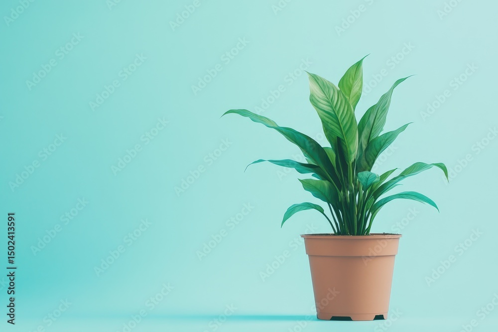 Fototapeta premium Peaceful plant in terracotta pot against teal