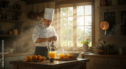 Chef Making Orange Juice in Kitchen