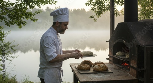 Baker Placing Bread Into Outdoor Oven