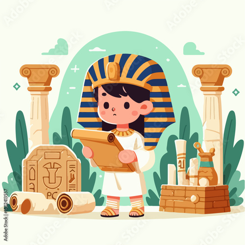 "Cartoon vector of a young pharaoh exploring a temple, with papyrus scrolls and ancient relics, cute and educational illustration"

