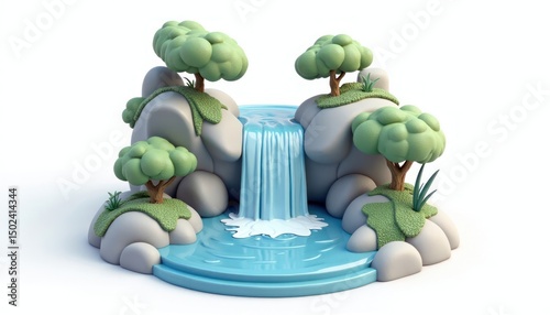 Cartoon Waterfall with Trees and Rocks