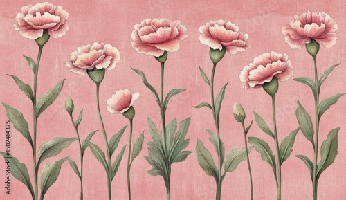 Delicate pink carnations, detailed illustrations, arranged in a row against a soft pink background.  Intricate petals and leaves, adding elegance to floral design