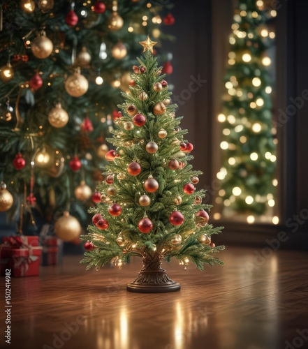 Ornate Christmas tree, glittering baubles, bokeh lights,  silver,  celebration,  decoration