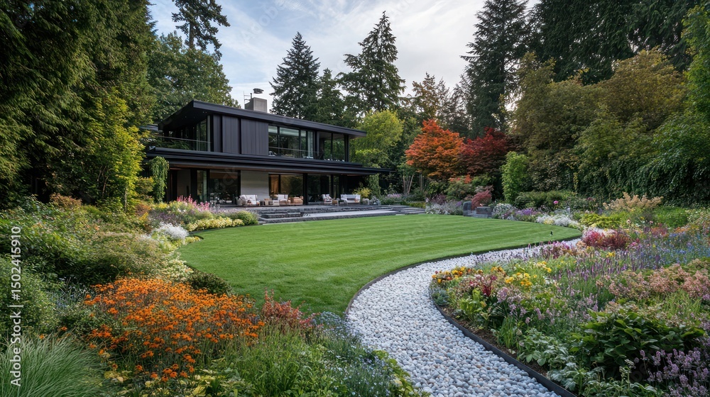 Modern home nestled in lush garden, featuring expansive lawn, winding stone path, and vibrant flowerbeds