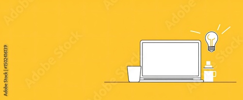 Laptop, lightbulb, and drinkware on a yellow surface