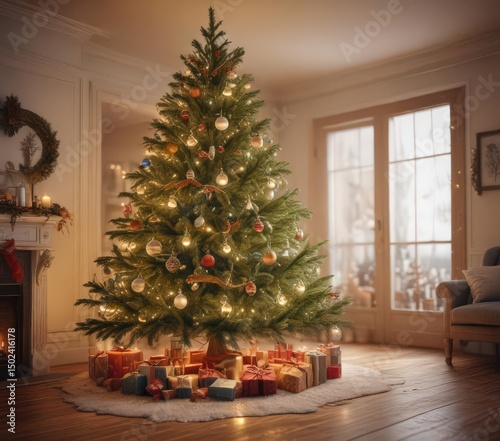 A beautifully decorated Christmas tree radiates warmth, surrounded by a dreamy, light-filled ambiance ,  image,  lights