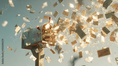 A vintage mailbox bursts open, overwhelmed by an immense cascade of letters and papers, symbolizing an unprecedented flood of information and correspondence