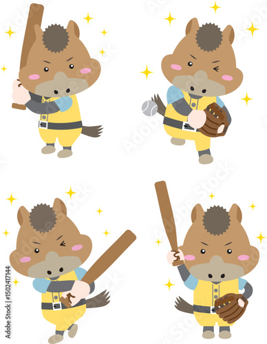 バットとグローブを持ったかわいい馬キャラクターの野球イラスト（午年）