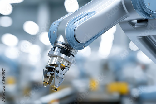 A metallic robotic arm with a precision gripper operates in a modern, brightly lit industrial environment.