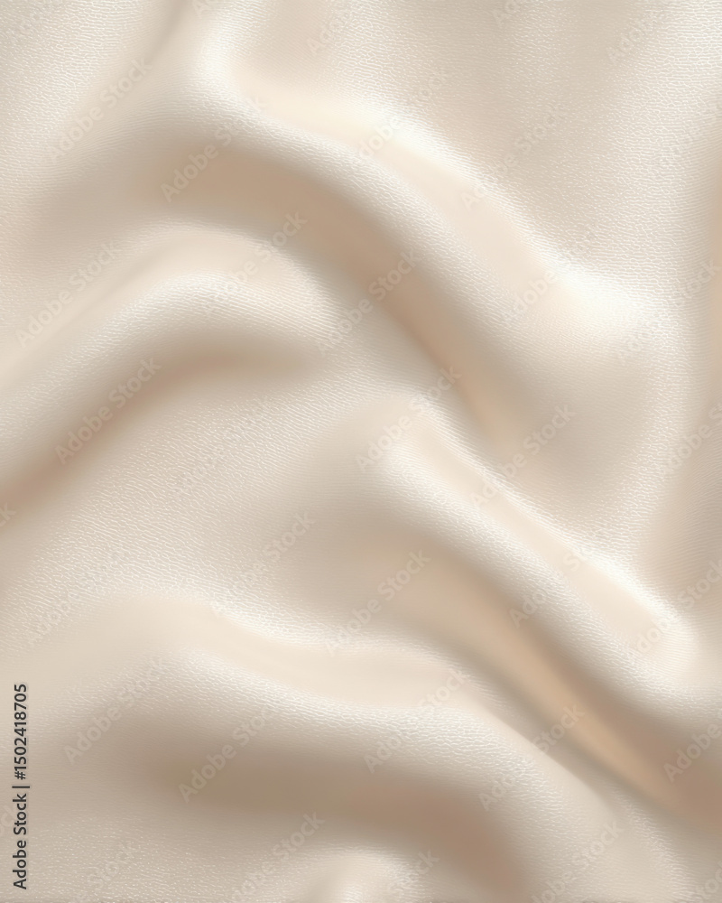 Obraz premium The delicate and smooth texture of light beige silk fabric creates soft flowing waves, forming an elegant and luxurious background with subtle highlights and shadows.
