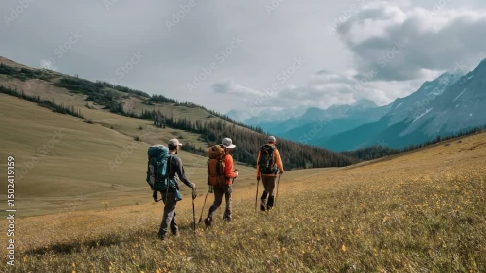 Trekking Amidst the Peaks: A group of hikers embark on an adventure through a stunning mountain landscape. Bathed in soft light, they traverse a path towards a breathtaking vista. Trekking Amidst the Peaks: A group of hikers embark on an adventure through a stunning mountain landscape. Bathed in soft light, they traverse a path towards a breathtaking vista.
