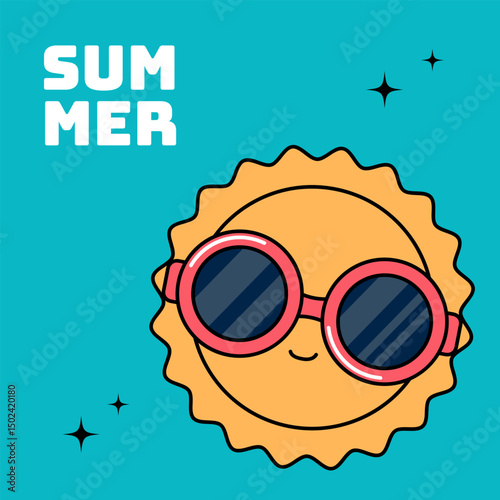 Summer card. Cute character smiling sun with sunglasses. Retro vector illustration