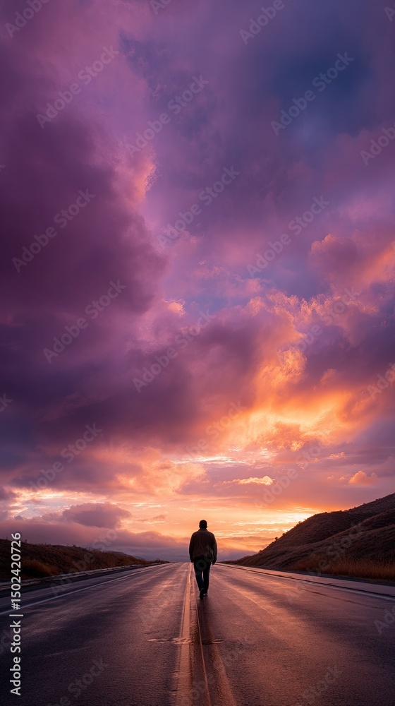 Obraz premium Lone silhouette on endless road at vibrant sunset, symbolizing soul journey and search for meaning