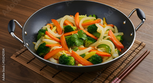 Colorful vegetable stir-fry in sizzling wok