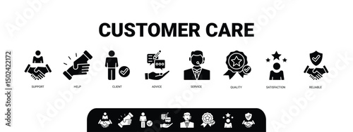 Customer care banner web icon illustration concept for customer support and telemarketing service with an icon of help, client, advice, chat, service, reliability, quality, and satisfaction