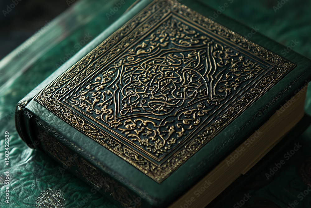 Fototapeta premium Antique Quran cover decorated with gold patterns and traditional designs.