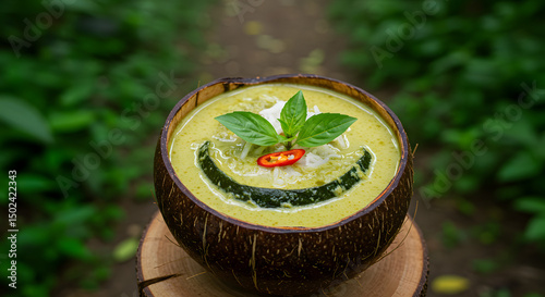 Vibrant green curry in coconut shell