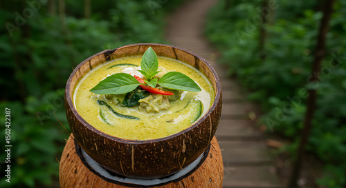 Vibrant green curry in coconut shell