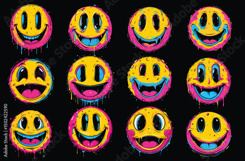 Collection of Psychedelic Smiley Face Emoticons in Trippy Colors