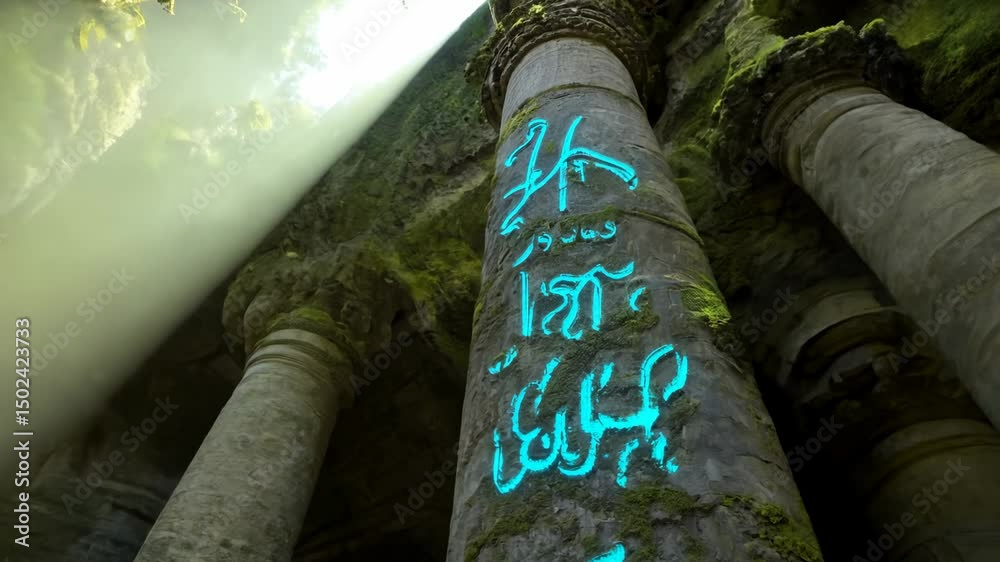 custom made wallpaper toronto digitalA column with strange glowing ancient writings in the middle of an abandoned temple in mossy forest. Ancient writings glow eerily on the column, adding mystery to the forgotten temple site.
