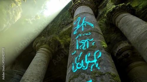 Wallpaper Mural A column with strange glowing ancient writings in the middle of an abandoned temple in mossy forest. Ancient writings glow eerily on the column, adding mystery to the forgotten temple site. Torontodigital.ca